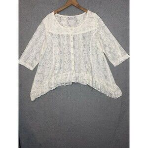 Ivory White Cottagecore Fairy Floral Lace Cardigan Sz XL Roll Tab Sleeve Ruffle